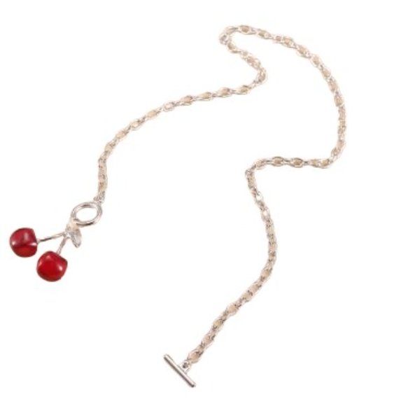 Red Cherry Toggle Choker Chain Necklace - Picture 3 of 5